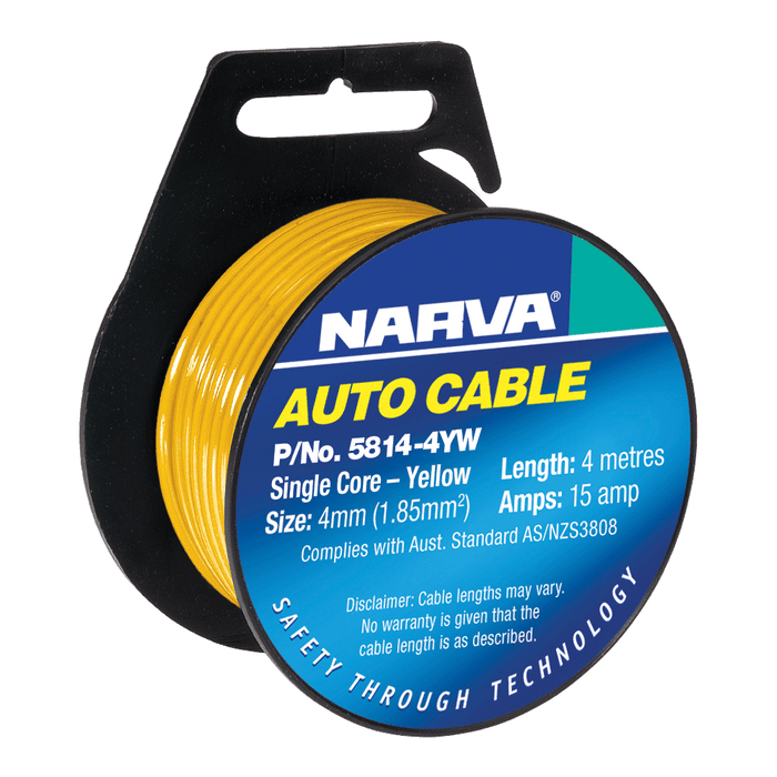 Narva 4mm 15 Amp Yellow Single Core Cable - 4 Metres - 5814-4YW