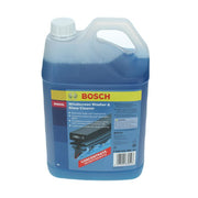 A 5-liter plastic jug of Bosch Windscreen Washer & Glass Cleaner concentrated liquid, showing the blue liquid inside and the product label, on a white background.