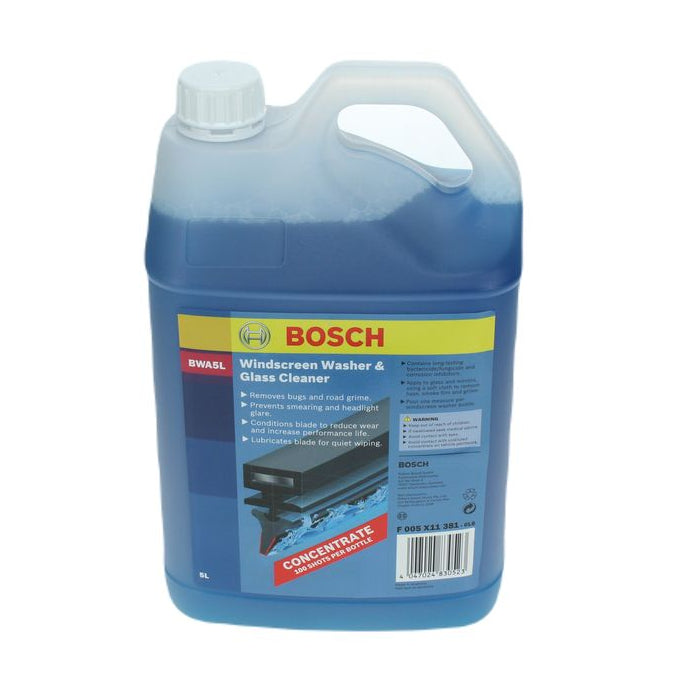 A 5-liter plastic jug of Bosch Windscreen Washer & Glass Cleaner concentrated liquid, showing the blue liquid inside and the product label, on a white background.