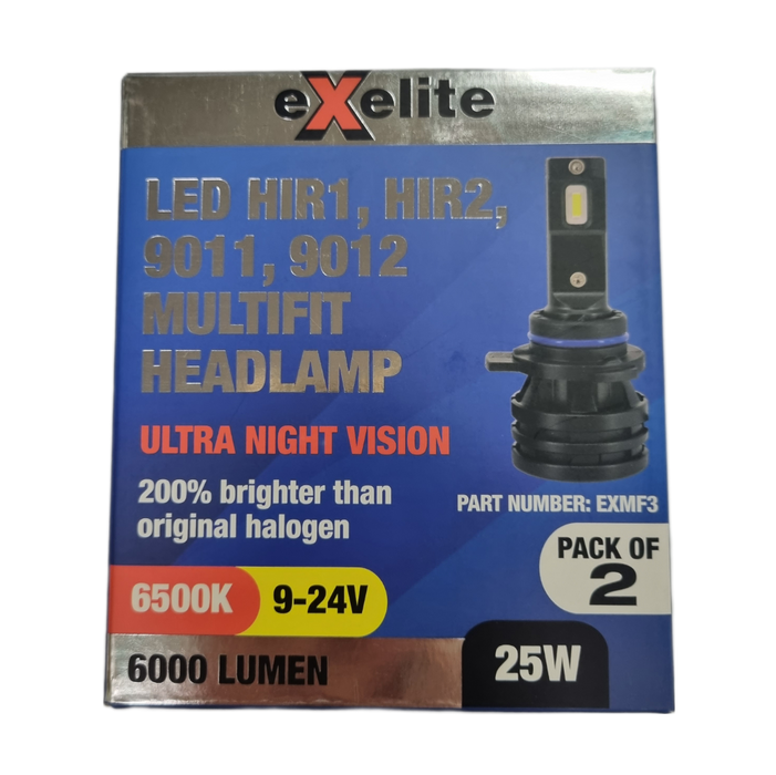 Exelite Multifit LED Headlamp Globes (HIR1, HIR2, 9011, 9012) - Pack of 2