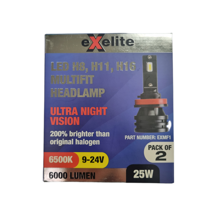 Exelite Multifit LED Headlamp Globes (H8, H11, H16) - Pack of 2
