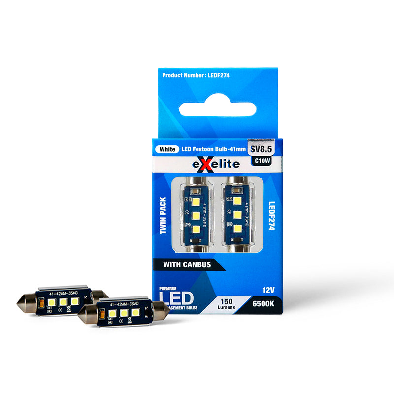 Exelite LED Festoon Globe [12V 10W SV8.5 T11 41mm 6500K] (Pack of 2)