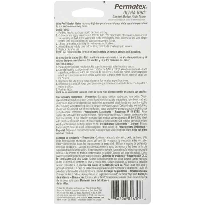 Permatex Ultra Red RTV Silicone Gasket Maker - 81630