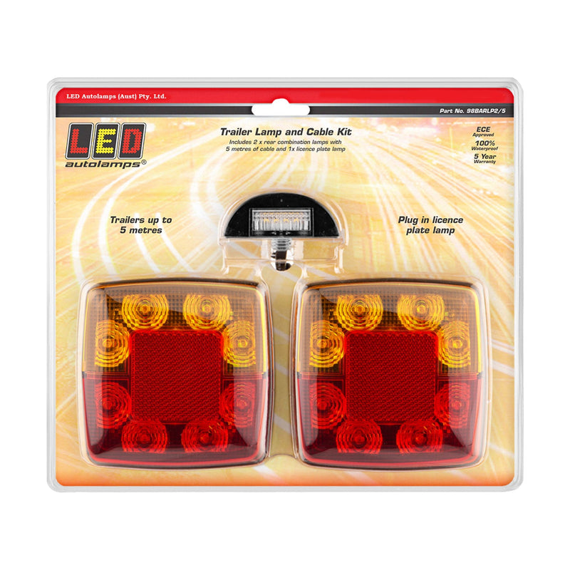 LED Autolamps 5 Metre Small Square LED Trailer Lamp Kit with Reflex Reflector and Licence Plate Lamp - Stop/Tail/Indicator