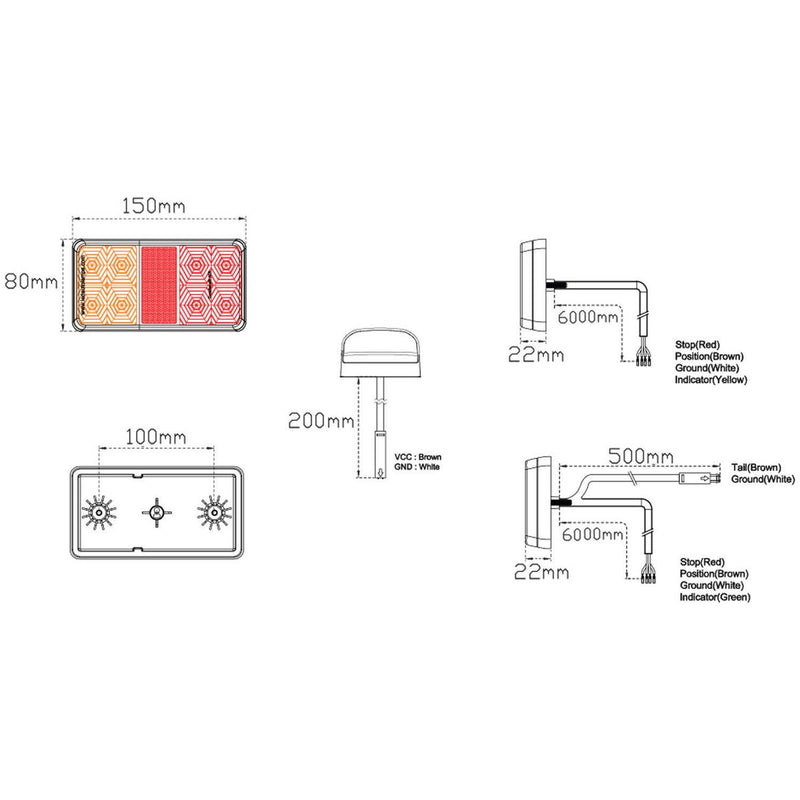 LED Autolamps 6 Metre LED Trailer Lamp Kit with Reflex Reflector and Licence Plate Lamp (150 x 80 x 22mm) - Stop/Tail/Indicator