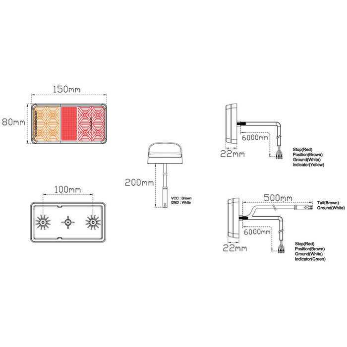 LED Autolamps 6 Metre LED Trailer Lamp Kit with Reflex Reflector and Licence Plate Lamp (150 x 80 x 22mm) - Stop/Tail/Indicator