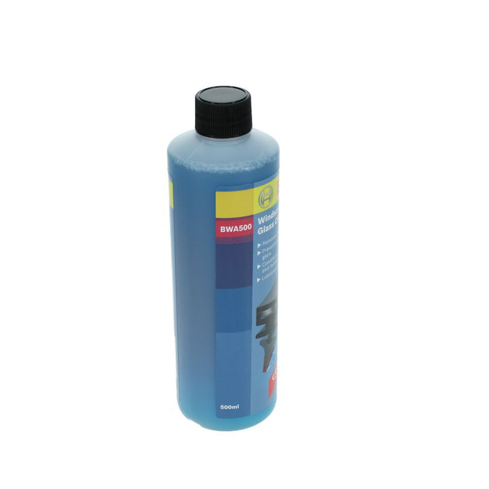A bottle of blue liquid product with a black cap and a blue, yellow, and red label, standing upright on a plain white background.