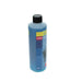 A bottle of blue liquid product with a black cap and a blue, yellow, and red label, standing upright on a plain white background.