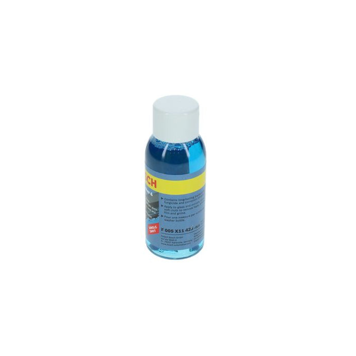 A small bottle of blue liquid with a white cap and a yellow label band, centered on a plain white background.
