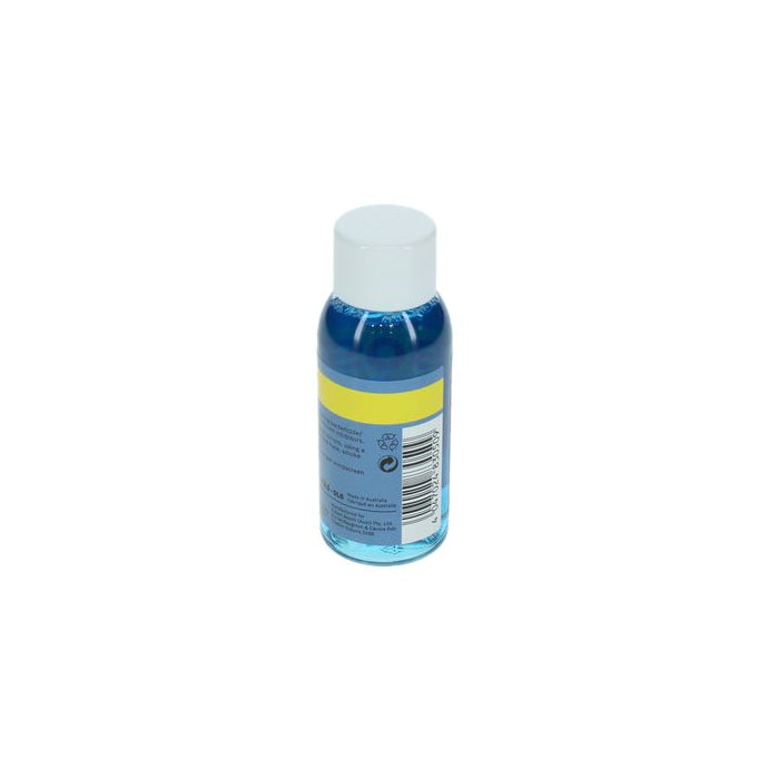 A small bottle of blue liquid with a white cap and a yellow label band, shown on a plain white background.