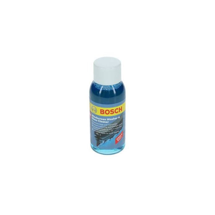 A small bottle of Bosch glass cleaner with blue liquid and a white cap, centered on a plain white background.