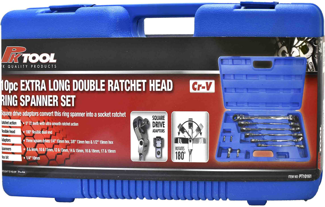 10 Piece Extra Long Double Ratchet Head Ring Spanner Set (Metric)