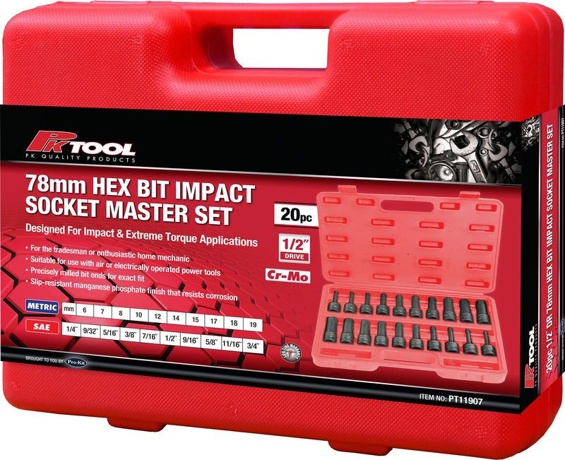 20 Piece 1/2" Drive 78mm Hex Bit Impact Socket Set