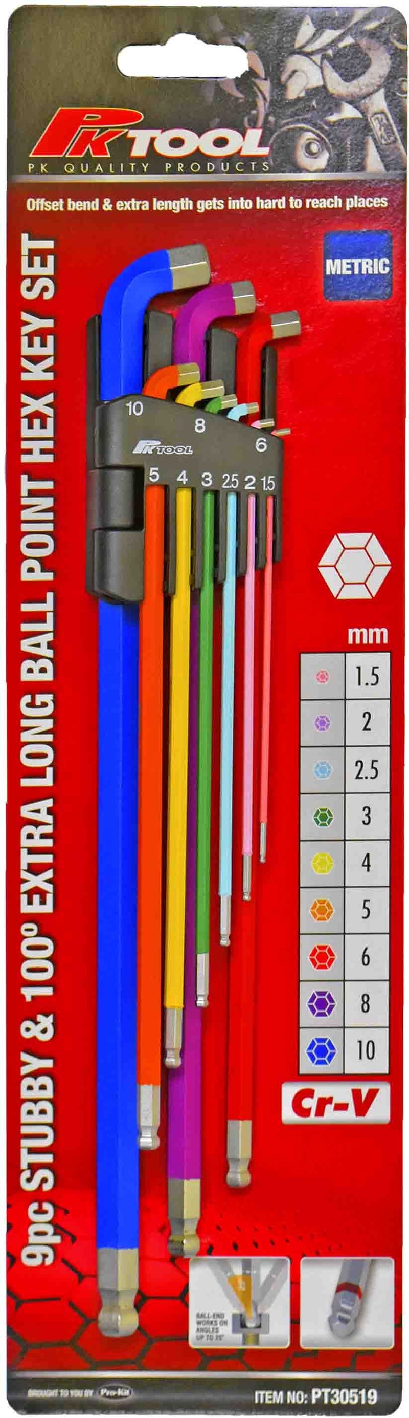 9 Piece Stubby Head & 100° Extra Long Ball Point Hex Key Set - PT30519