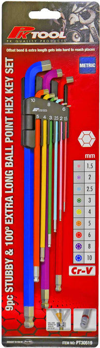 9 Piece Stubby Head & 100° Extra Long Ball Point Hex Key Set - PT30519