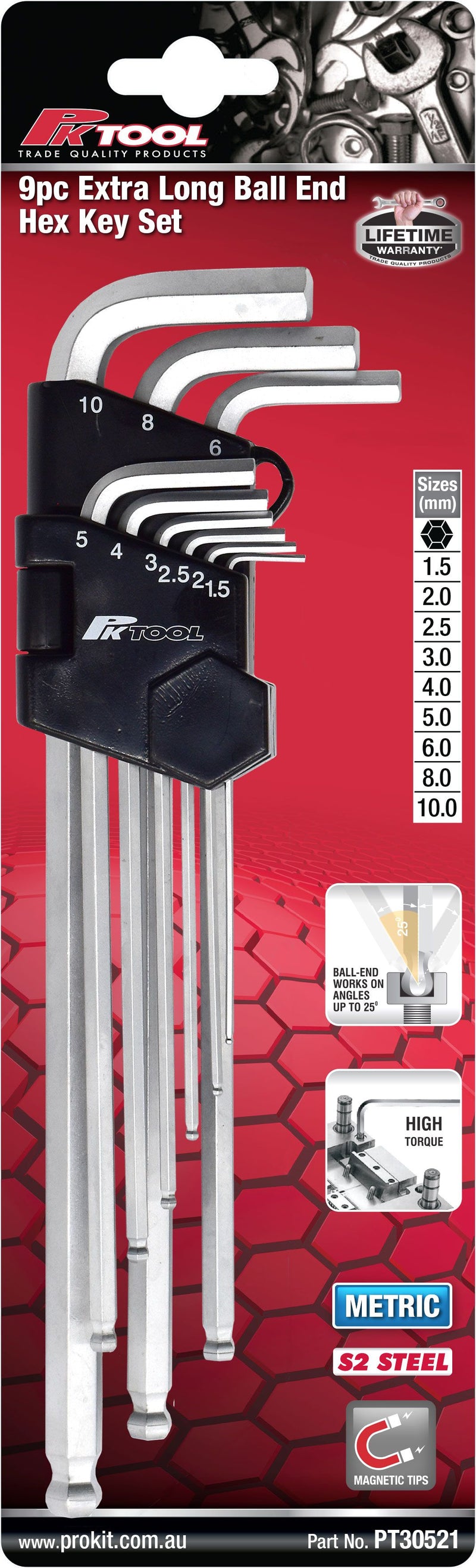 9 Piece Extra Long Ball End Hex Key Set - PT30521