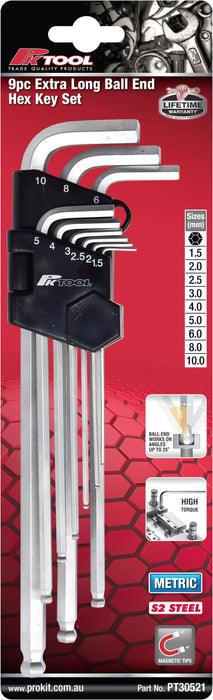 9 Piece Extra Long Ball End Hex Key Set - PT30521