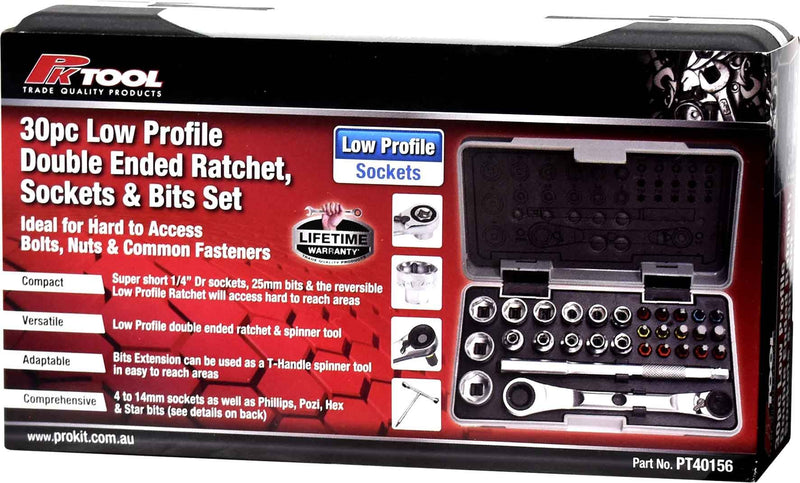 30 Piece Low Profile Double Ended Ratchet, Sockets & Bits Set - PT40156