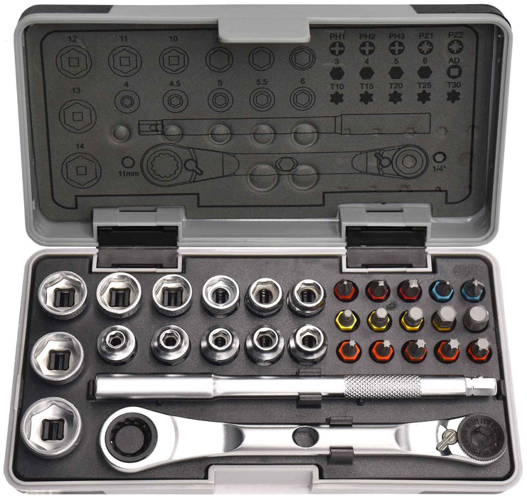 30 Piece Low Profile Double Ended Ratchet, Sockets & Bits Set - PT40156