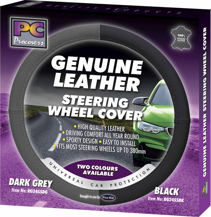 38cm Steering Wheel Cover - Genuine Leather Perforated [Dark Grey]