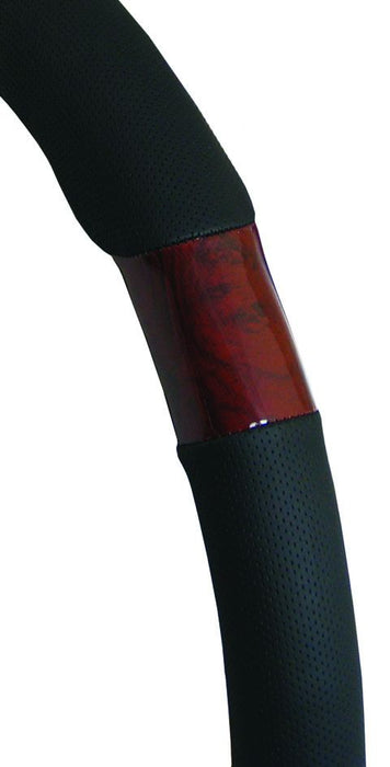 38cm Steering Wheel Cover - Perforated Soft Leather Feel With Dark Wood Grain [Black]