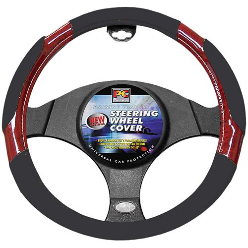 38cm Steering Wheel Cover - Perforated Soft Leather Feel With Dark Wood Grain [Black]
