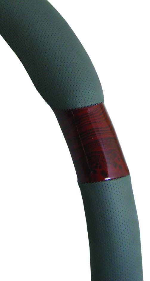 38cm Steering Wheel Cover - Perforated Soft Leather Feel With Dark Wood Grain [Dark Grey]