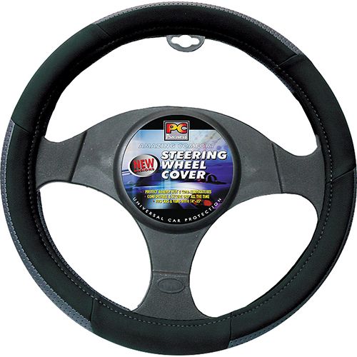 38cm Steering Wheel Cover - Velvet Feel With Perforated Leather Look On 3 Section [Black/Grey]