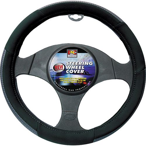 38cm Steering Wheel Cover - Velvet Feel With Perforated Leather Look On 3 Section [Black/Grey]