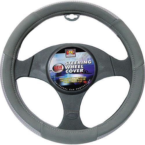 38cm Steering Wheel Cover - Velvet Feel With Perforated Leather Look On 3 Section [Grey/Grey]
