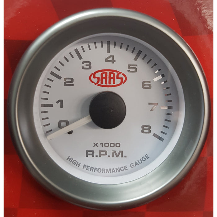 SAAS - 52mm Tachometer- White face SG-TAC52W-SGTAC52W-SAAS-A1 Autoparts Niddrie