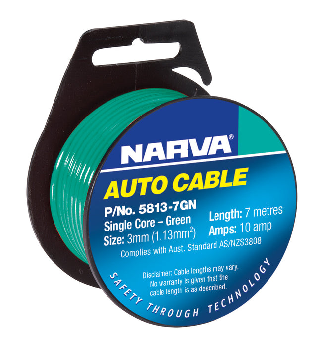 Narva 3mm 10 Amp Green Single Core Cable - 7 Metres - 5813-7GN