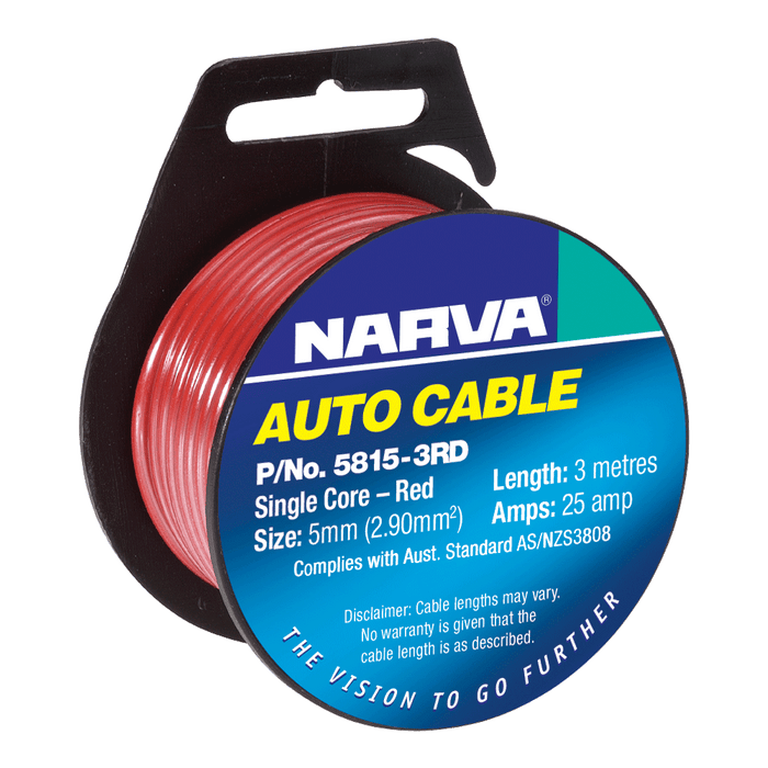Narva 5mm 25 Amp Red Single Core Cable - 3 Metres - 5815-3RD