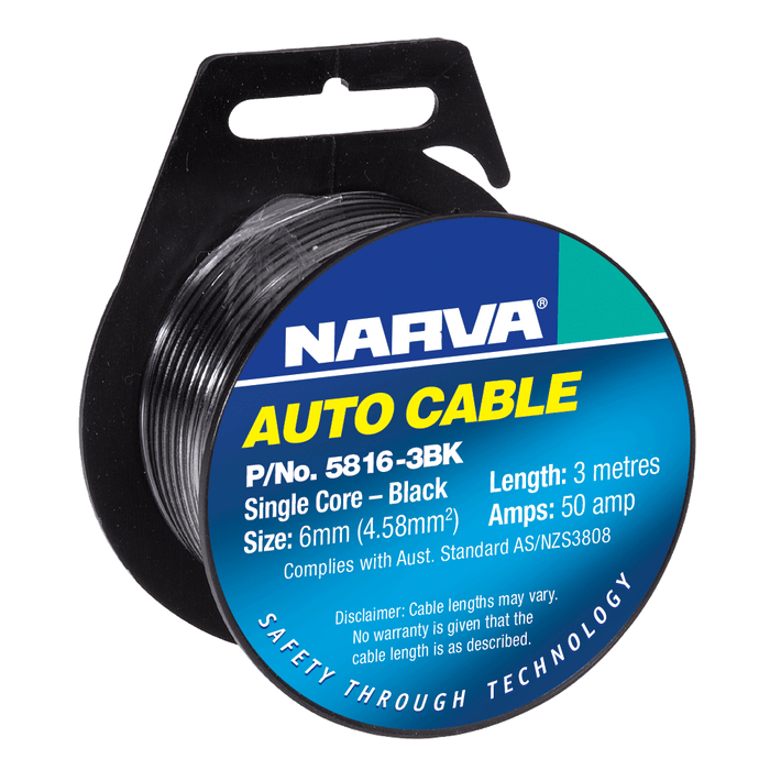 Narva 6mm 50 Amp Black Single Core Cable - 3 Metres - 5816-3BK