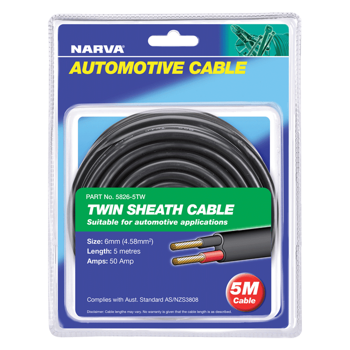Narva 6mm 50 Amp Twin Core Sheathed Cable (Red/Black with Black Tracer) - 5 Metres - 5826-5TW