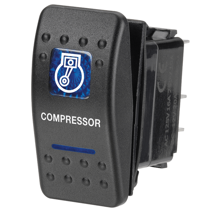 Narva 12 Volt Illuminated Off / On Sealed Rocker Switch with Compressor Symbol (Blue)
 - 63140BL