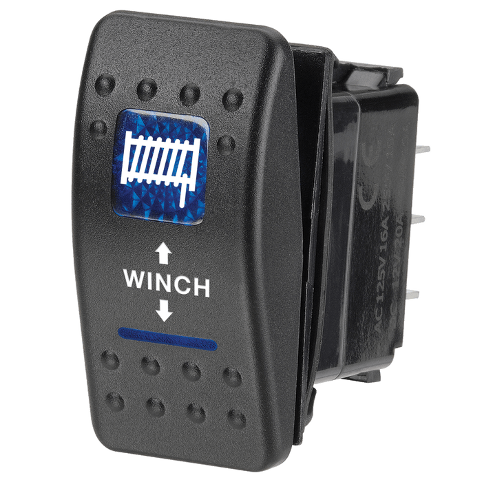 Narva 12V Illuminated Momentary (On) / Off / Mom(On) Sealed Rocker Switch with Winch Symbol (Blue)
 - 63148BL