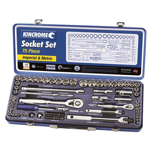Socket Set 75 Piece 1/4" & 1/2" Drive (Mirror Polish) - Metric & Imperial - A1 Autoparts Niddrie