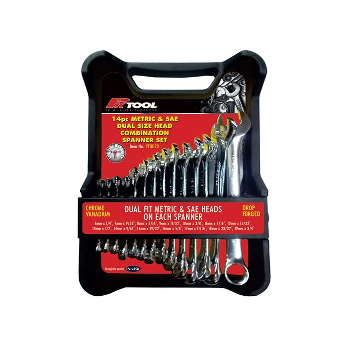 14 Piece Combination Dual Size Head SAE & Metric Spanner Set - PT10172