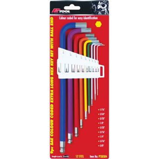 9 Piece SAE Colour Coded Hex Key Set with Ball End - PT30504